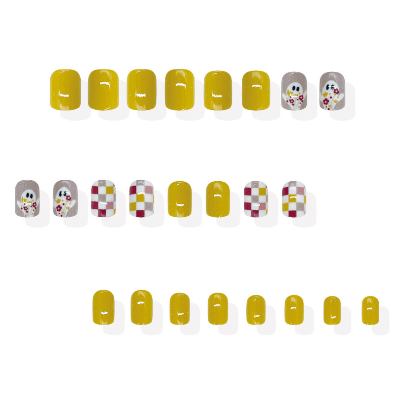 48 Pcs Checker Ghost Oval Press on Nails, Lovely Halloween Daily Fake Nails