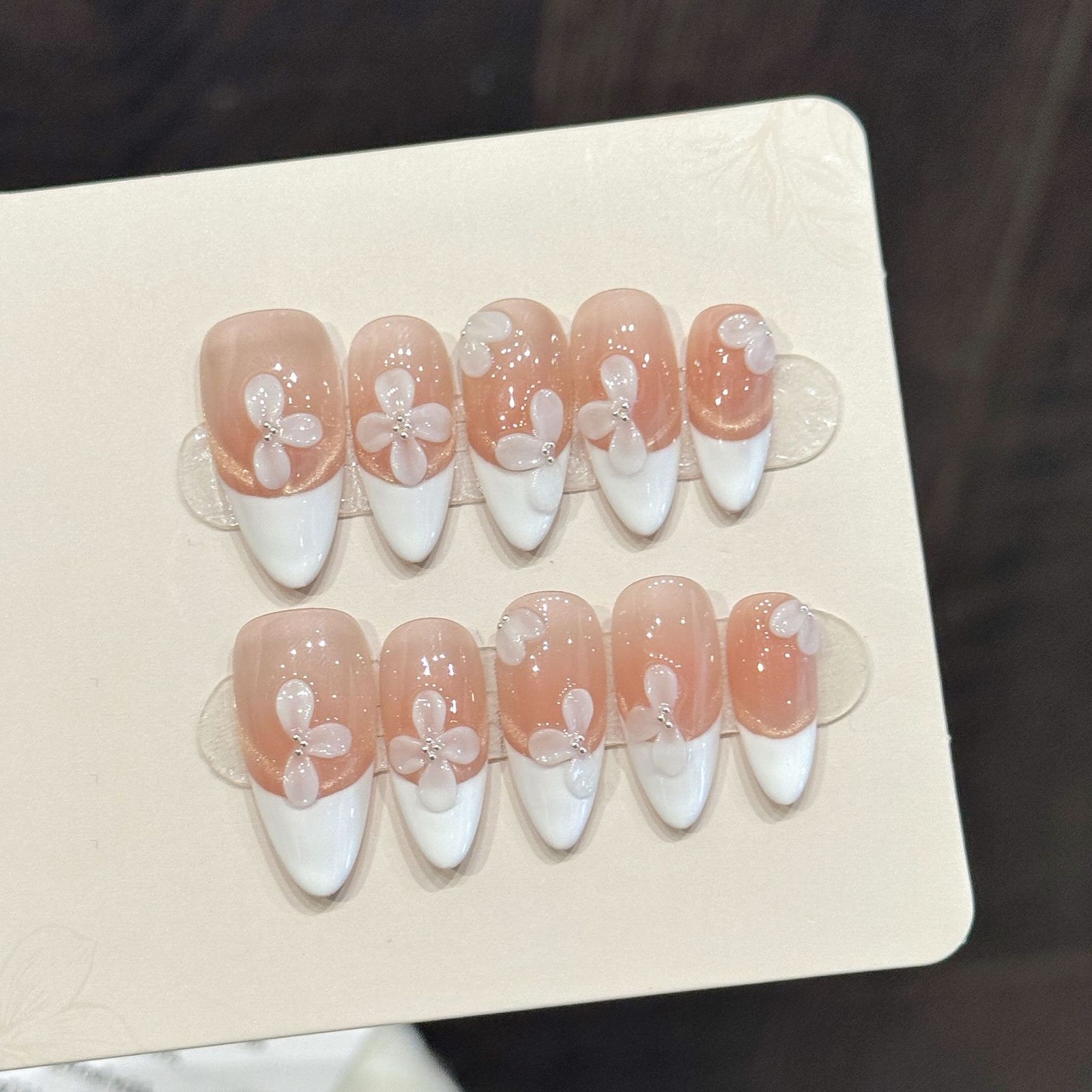 10Pcs White 3D Cream Floral Carved Press On Nails French Style For Wedding Daily