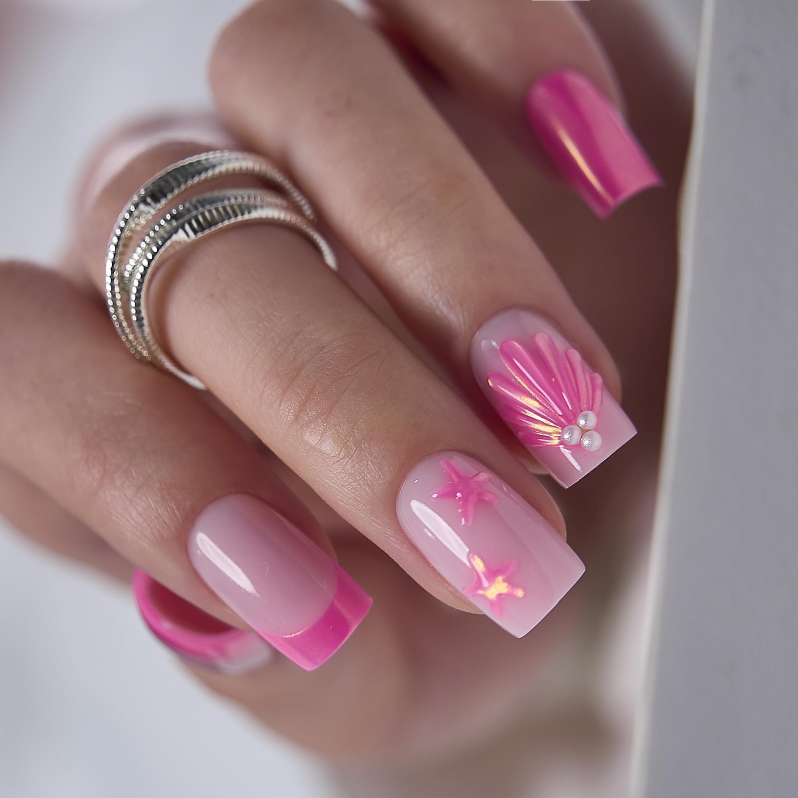 CurvLife Medium Squoval 3D Press On Nails, Coral Tide Pink, Soft Gel | 32PCS,…