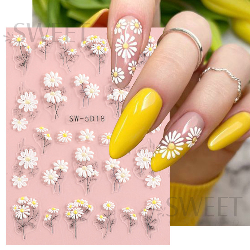 5D Embossed White Daisy Tulip Butterfly Camellia Flower Nail Art Stickers DIY