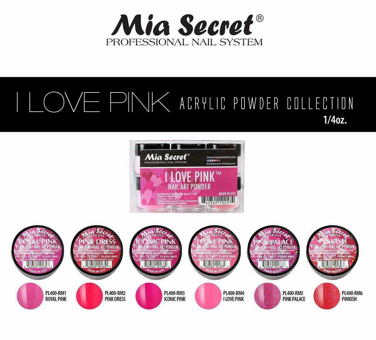 New Mia Secret Monomer 4 Ounce + I LOVE PINK Nail Art Powder 6 Colors Set