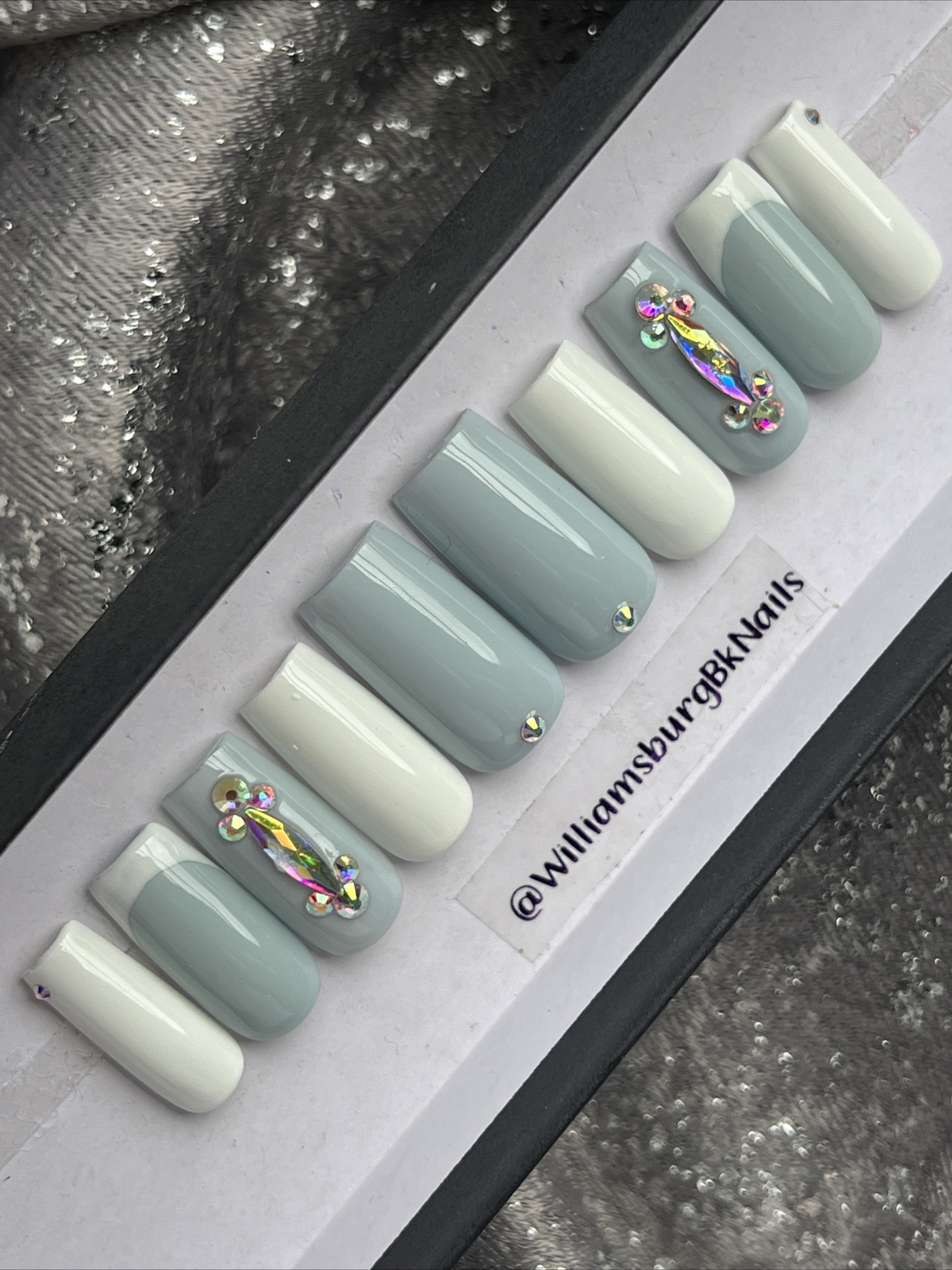 💎 CUSTOM Gel press On Nails, BLUE GREY BLING , Med Square 10p Set With FULL KIT