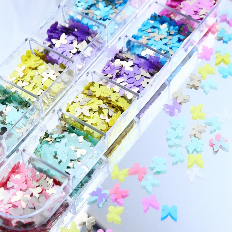 12 Grids Nail Sequins Flakes Art 3D Decoration Butterfly Accessories Glitter Set