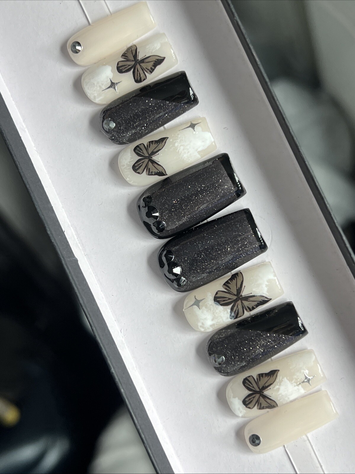 🤍 CUSTOM Hard Gel Press On Nails Black Nude Butterfly Bling 10p FULL SET SQUARE