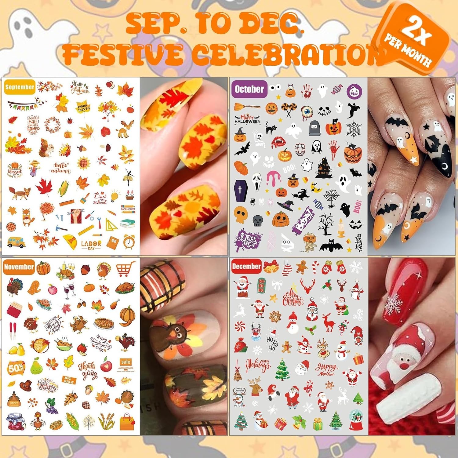 12 All Holiday Nail Stickers, 24 Sheets Seasonal Variety Pack 2 Pcs Per DIY…