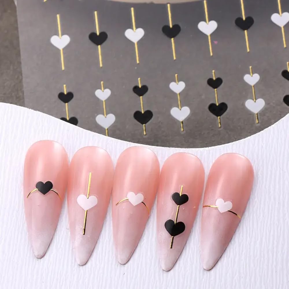 4Pcs Valentine’s Day Nail Art Stickers Hearts Nail Decals Glossy Metallic Gol…