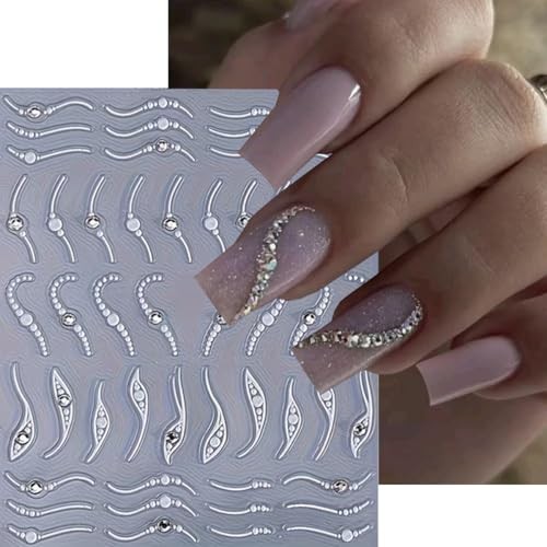 French Line Nail Art Stickers 3D Embossed Diamond Nail silver diamond swirl