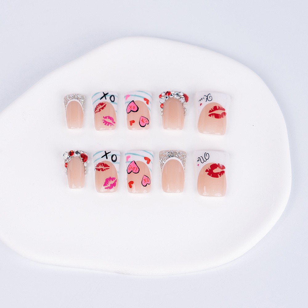 10pcs Handmade High Quality Valentine’s Press-On Nails Red Lip Heart Fake Nails