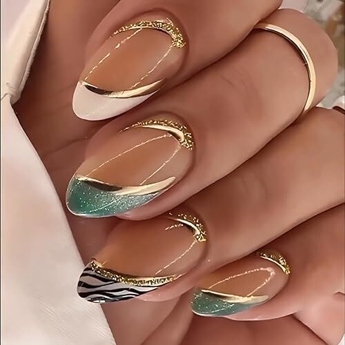 French Tip Press on Nails Medium Almond Fake Nails Nude White Green French Tip