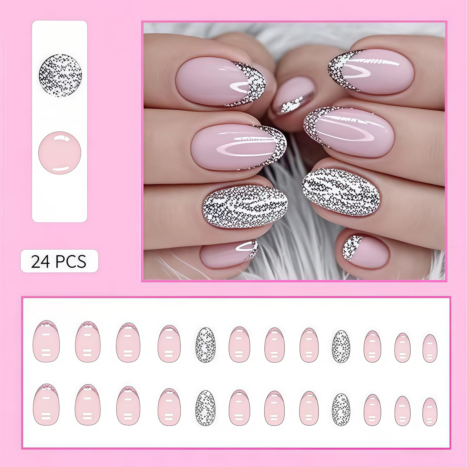 Silver Glitter French Press Nails Short Almond False Multicolor