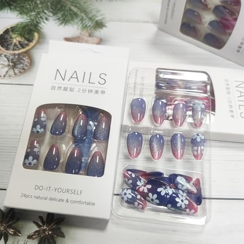 Gradient Cat Eye Press on Nails – Flower Acrylic Fake Sparkly Ombre Stick