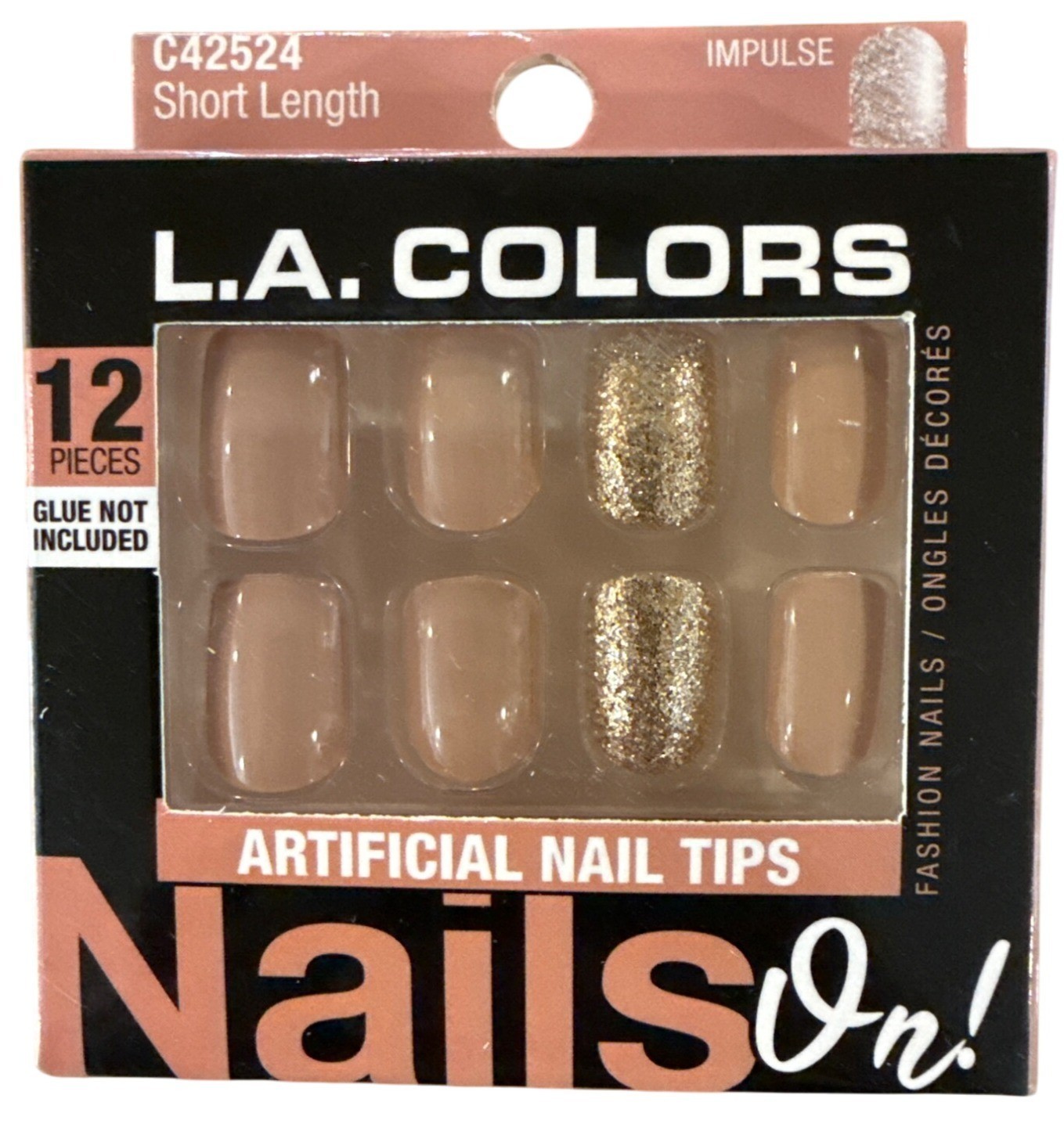 L.A. Colors NAILS ON 12 Nails IMPULSE Short Square Glossy+Glitter Nude+Gold
