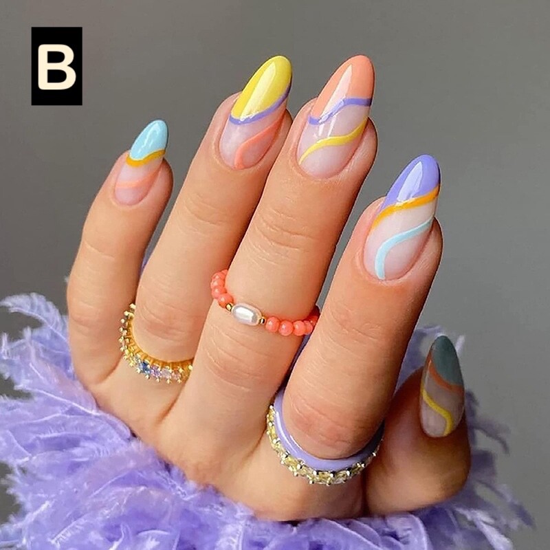 12 Boxes Flower Star French Tip Long Almond Press On Nails (Wholesale)