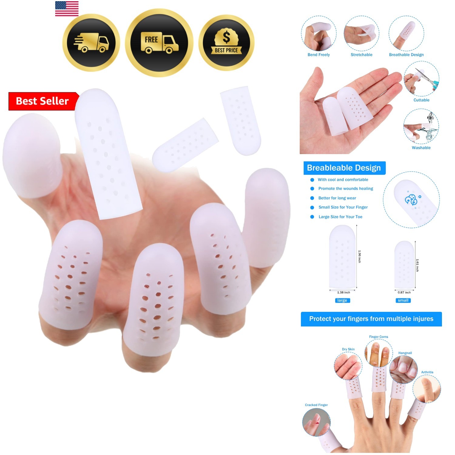 20 Pieces Silicone Finger Cots Protectors Caps with Holes for Wound, Breathab…