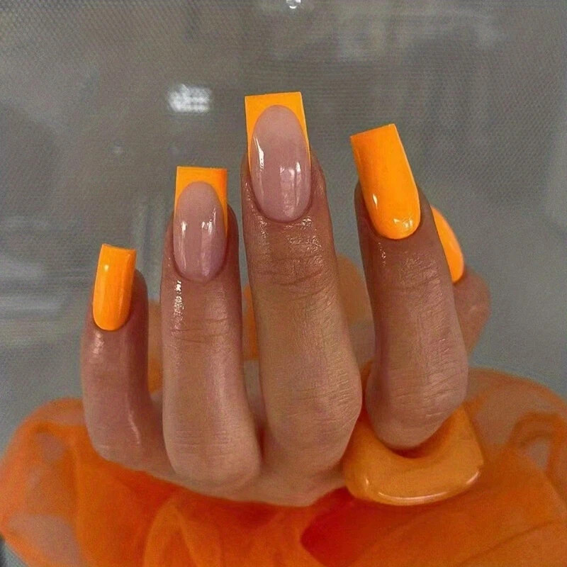 24pcs Glossy Orange French Tip Press On Nails – Medium Length Coffin Fake Nails