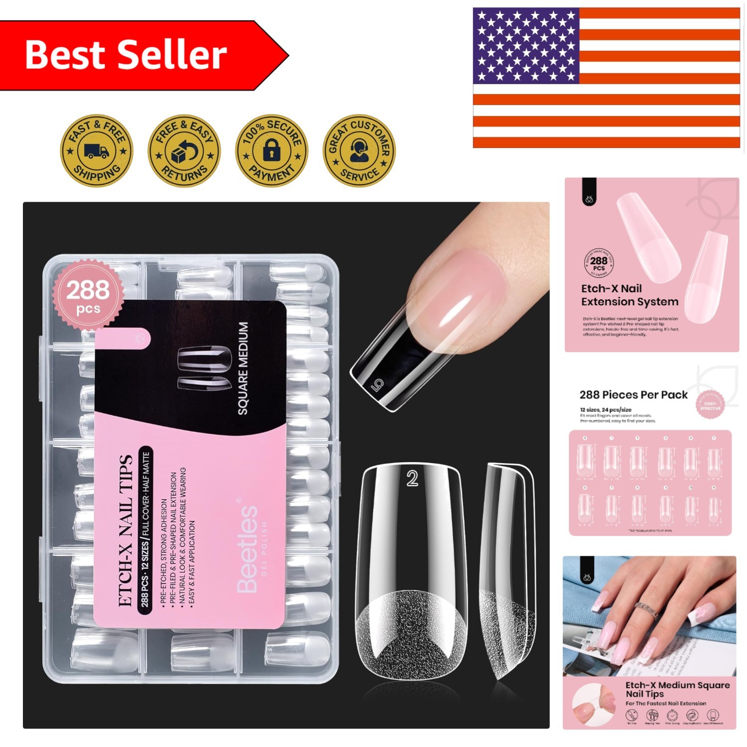Beetles Gel Nail Tips Etch-X: 288 Pcs, 12 Sizes for Effortless Nail Extensions