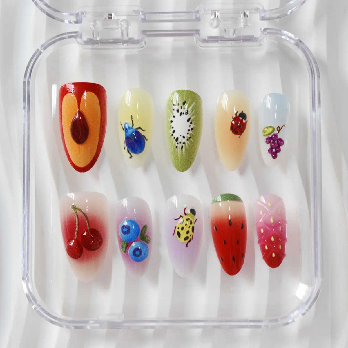 10pcs Cute Flower Fruit Pink Almond Press On False Nails