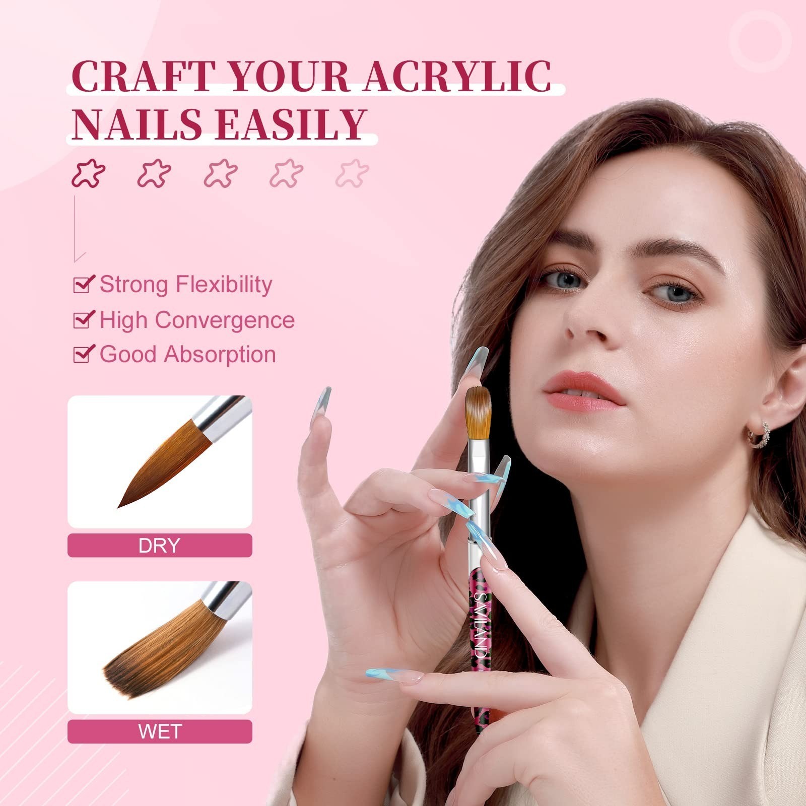 SAVILAND 4PCS Acrylic Nail Brush Set for Nail Art & Extensions