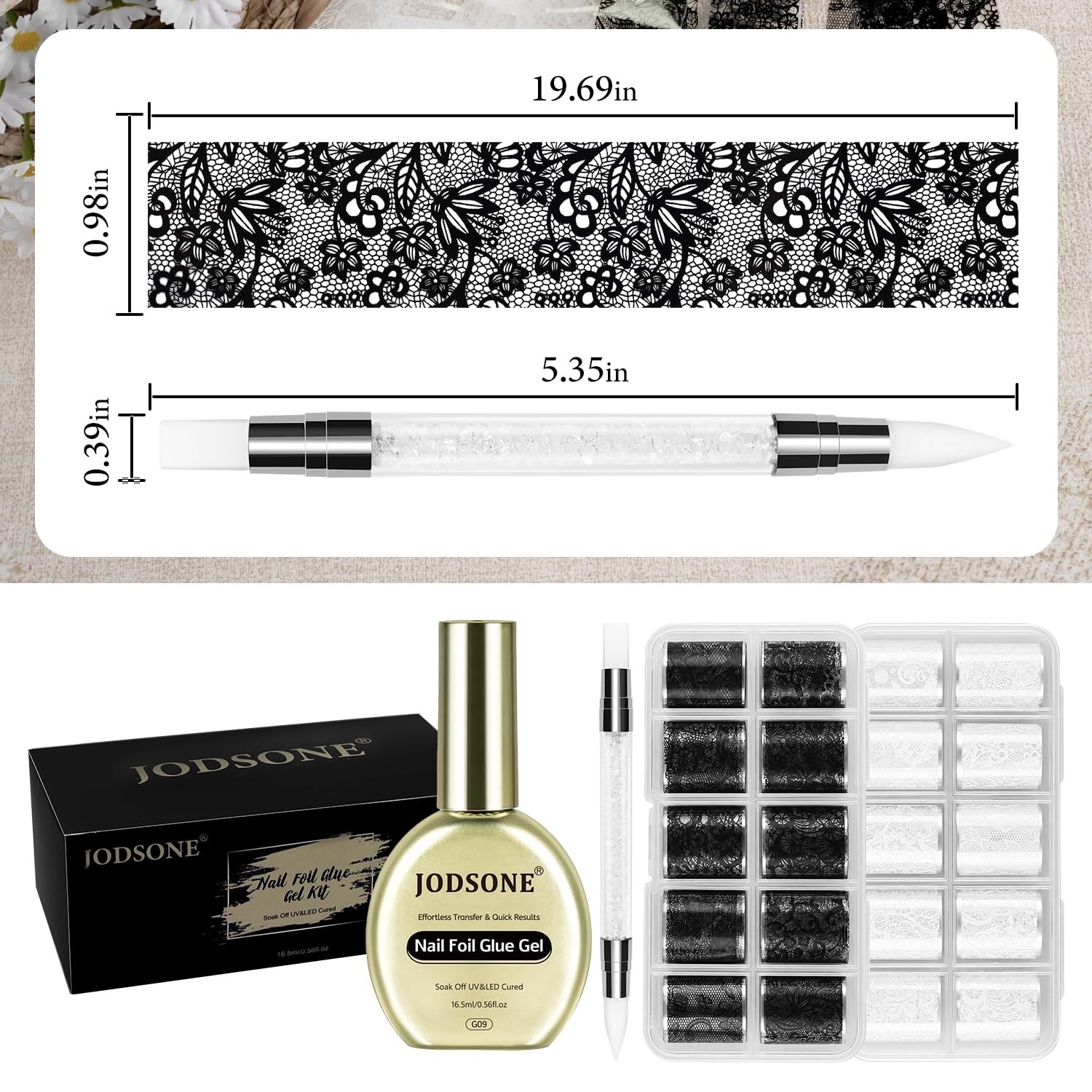 Lace Nail Foil Transfer Kit – 16.5ml Glue, 20 Rolls Black & White Foils, DIY Nai