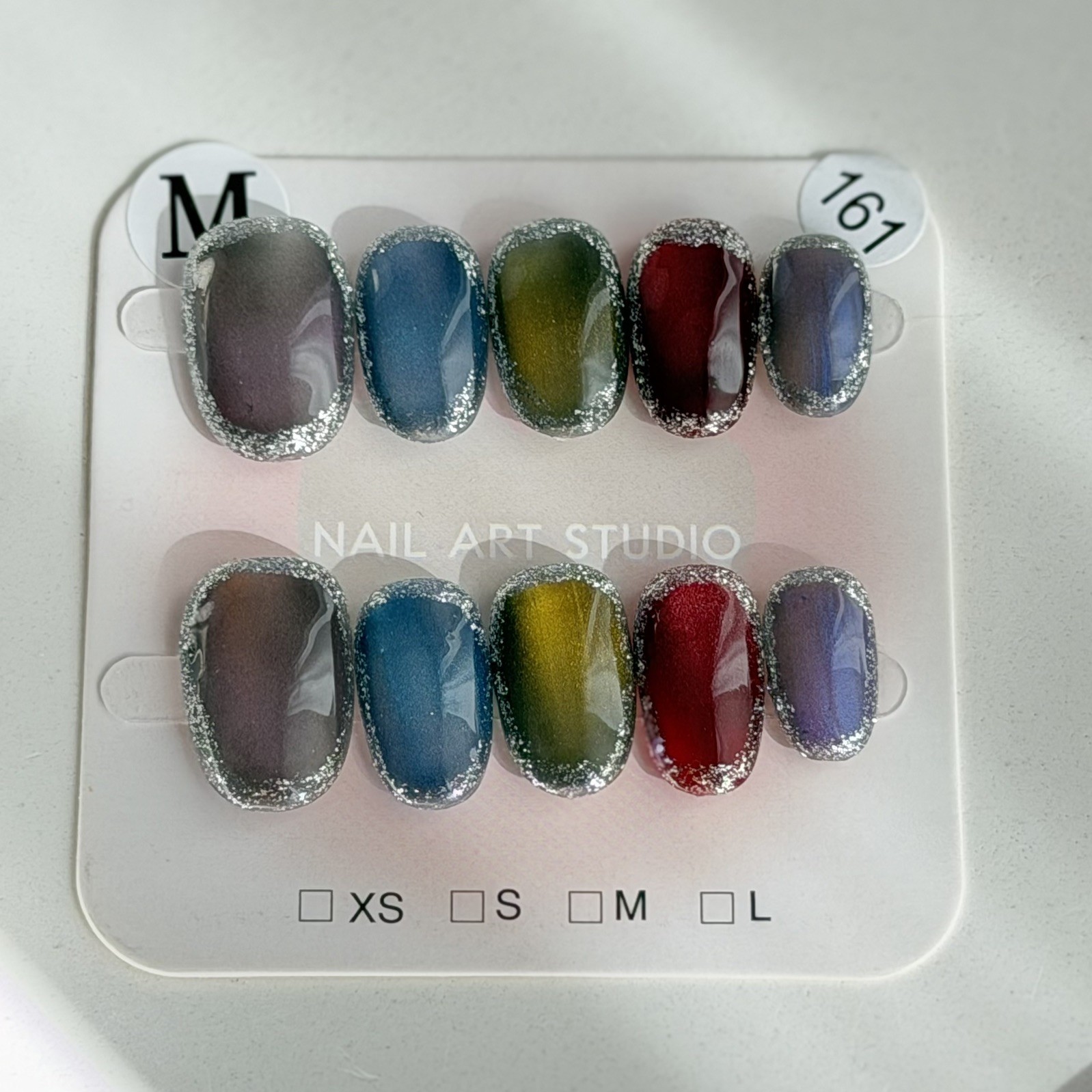Handmade Color Glitter Edge Press-On Nails Short Oval Size M False Nail Reusable