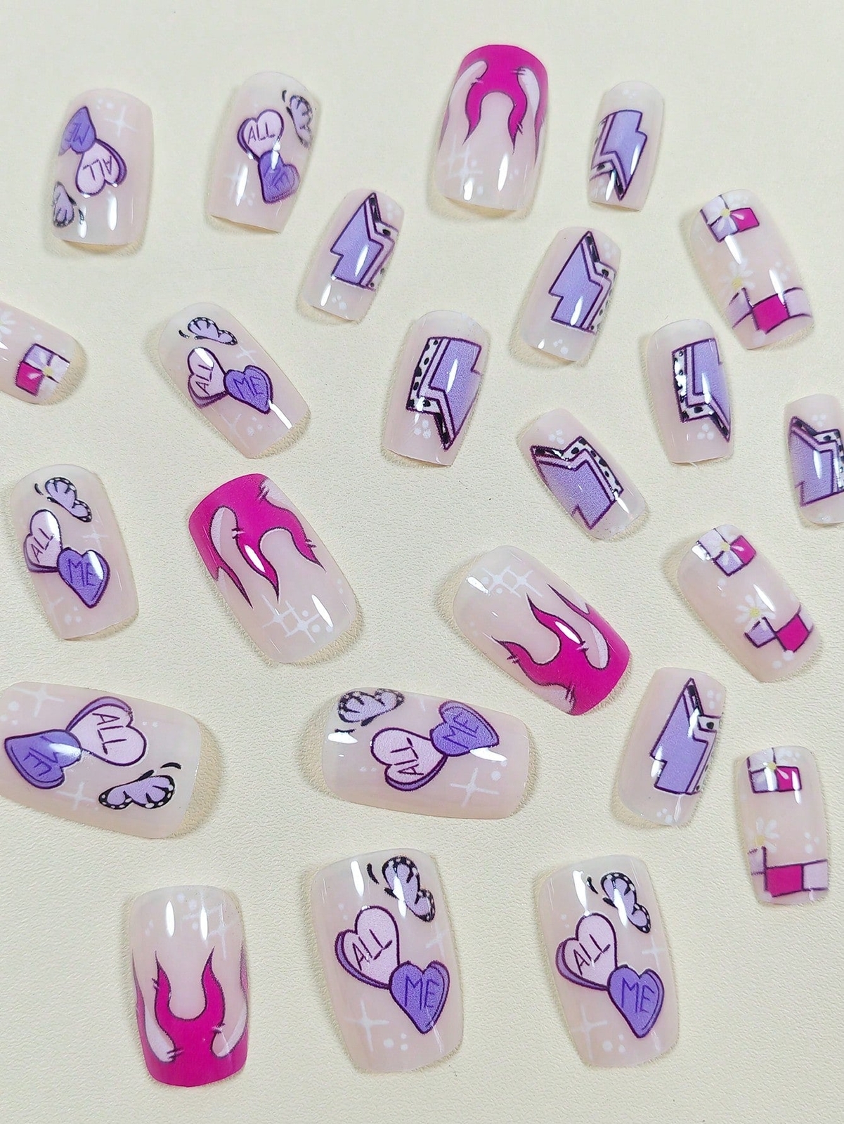 24pcs Square Floral Heart Purple Pink Fake Nail Set Press On Nails False Nails