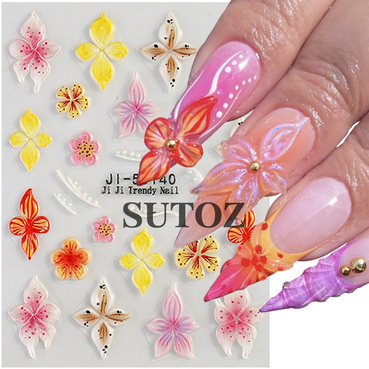 3D Hawaiian Flower Embossed Lily Hibiscus Floral Nail Art Stickers Decor NH29