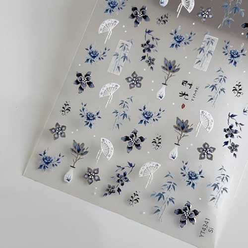 Flower Nail Stickers White Blue Nail Art Stickers 5D Embossed Blue Flower 2