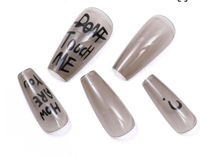 24 Pcs Press-On Nail Long Coffin Glossy – Light Gray w/Graffiti Messages