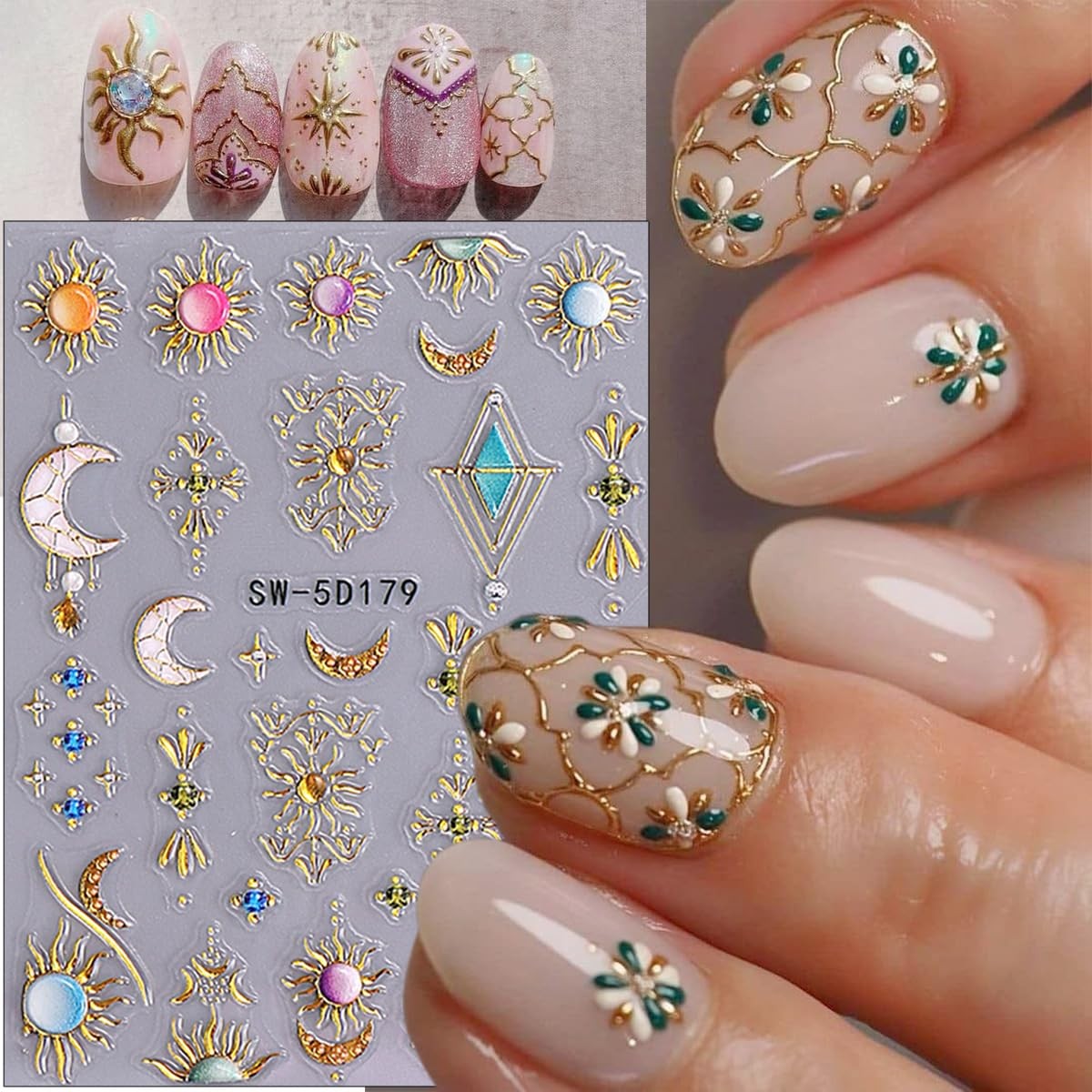 2 Sheets Embossed Sun Star Nail Stickers Bohemian Style Gold Nail Decals Sun …
