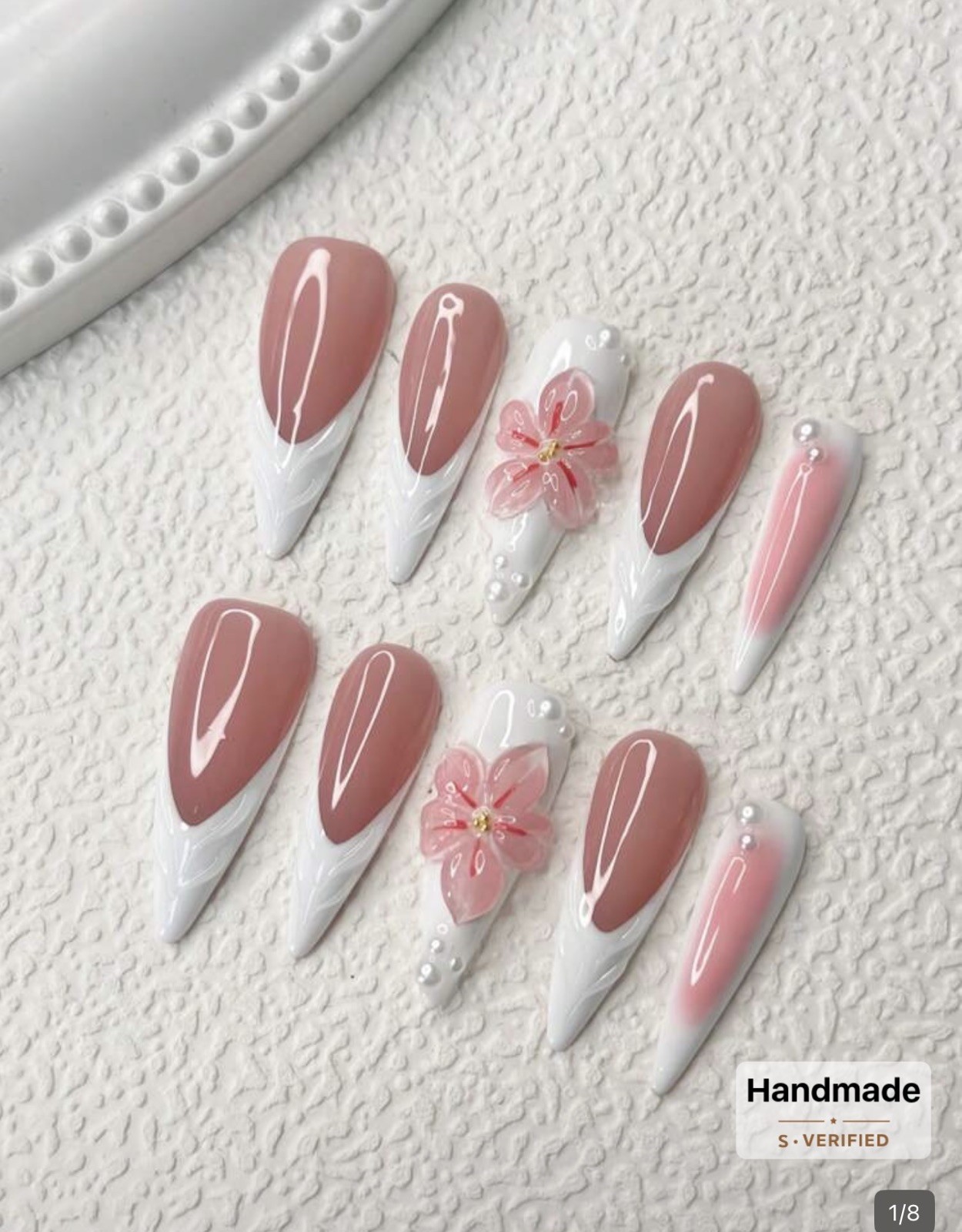 10 PCS Handmade Long Almond Shape Press On Nails Gradient Floral Fake Nails L