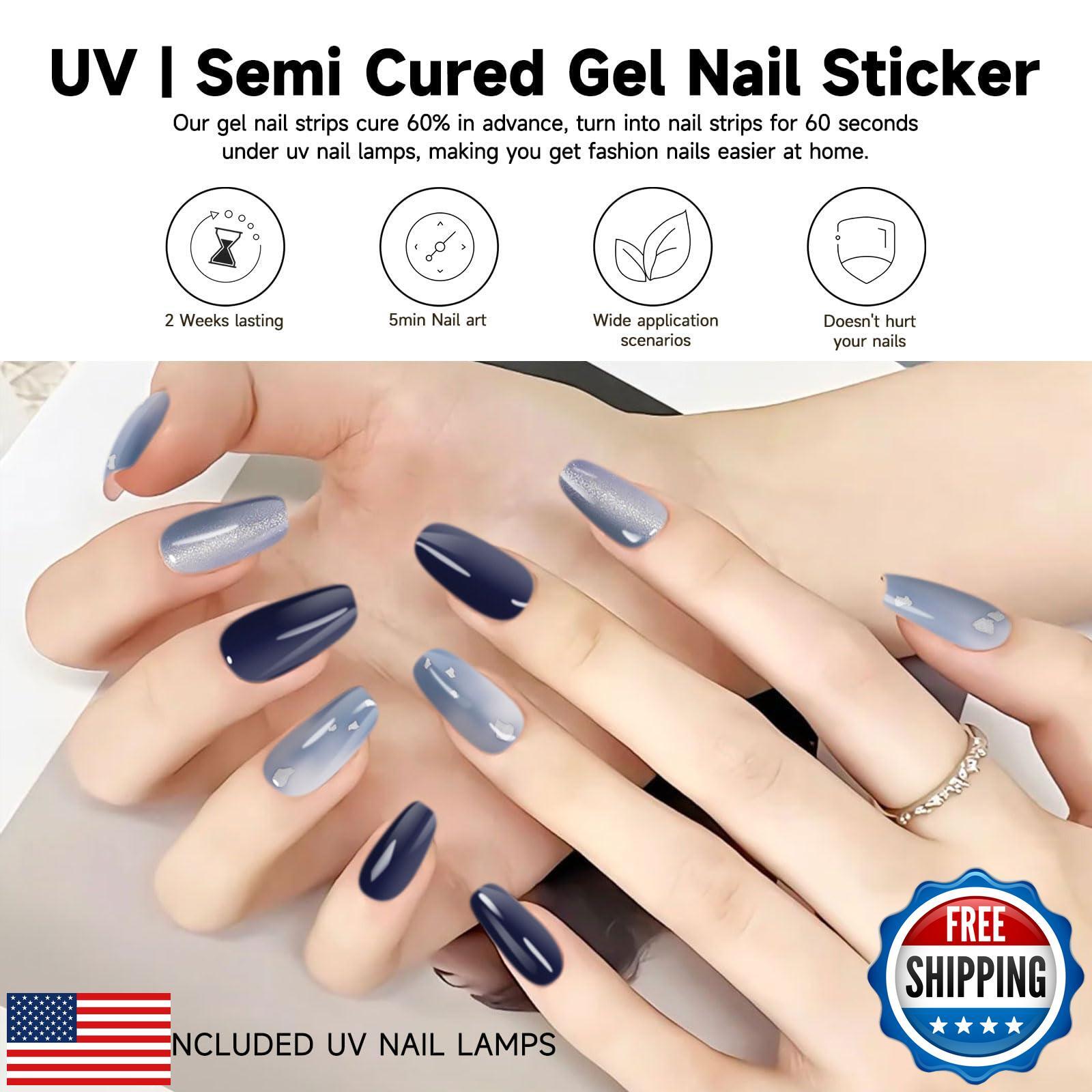 DUKASOU Semi Cured Gel Nail Strips | 28 pcs Gel Nails Strips Work with Any UV