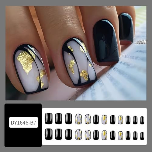 Black Press on Nails Short Square False Nails Gold Foil Design Short Nails