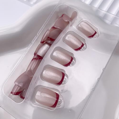 Red French Tip Press on Nails Short Square Fake 0.8 Fl Oz (Pack of 30) Style 21