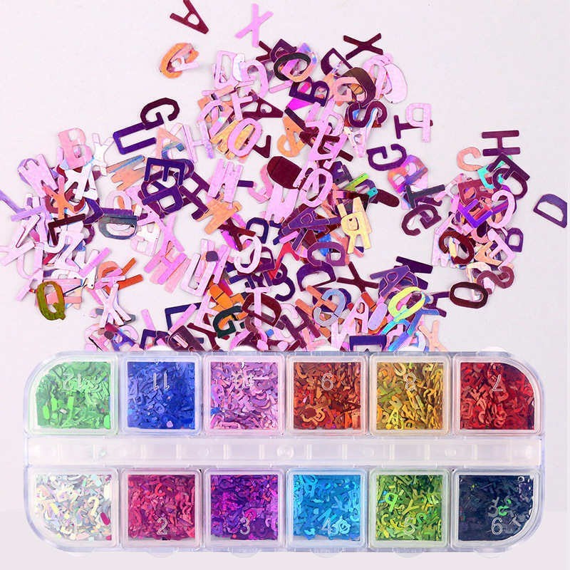 12 Colors Holographics Letter Nail Art Sequins Colorful UV Gel Decoration