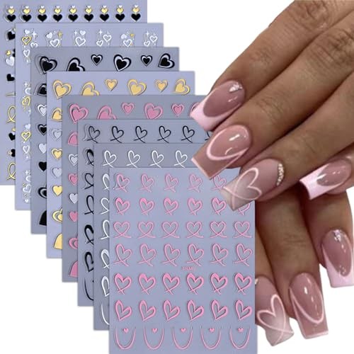 8 Sheets Valentines Nail Art Stickers Heart Nail Decals for Nail Heart Style-1