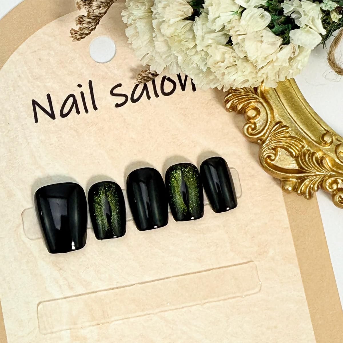 Black Press on Nails Short Round Green Eyes Short Fake Nails With Glue Full C…
