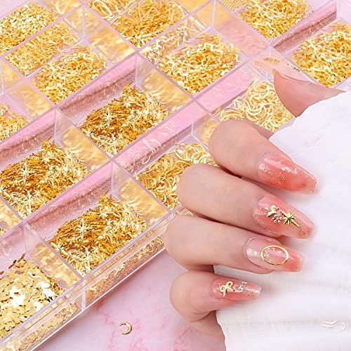 Gold Metal Nail Studs, 3D Mix Gold Geometry Nail Art Glitter Flakes