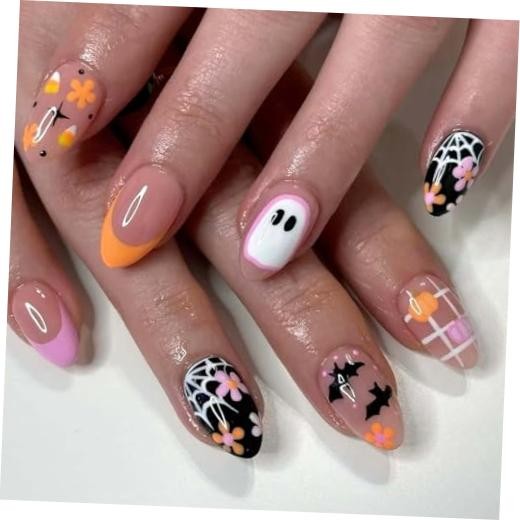 Halloween Press on Nails Short Almond Fake Nails Spooky and Style-A Style-6