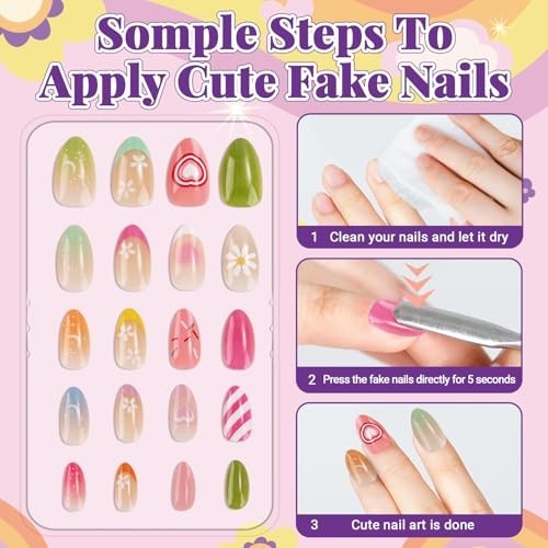 104 Pcs Kids Press-On Nails Set – 4 Pack Artificial Fake Nails for Girls, Nail A