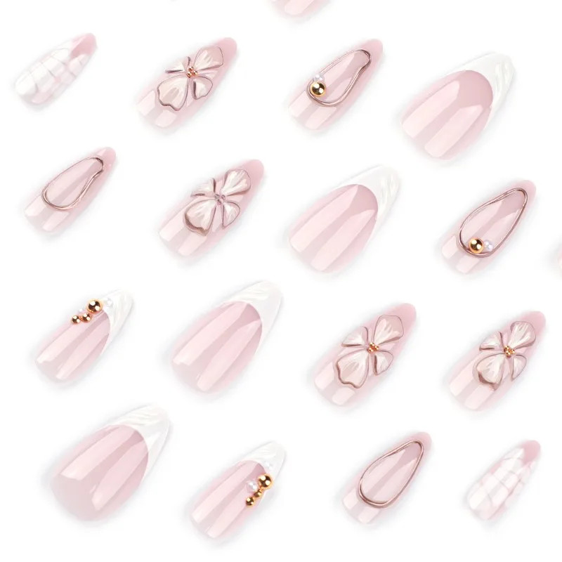 24pcs 3D Floral Press on Nails: French Almond Bow Pearl Fake Nails