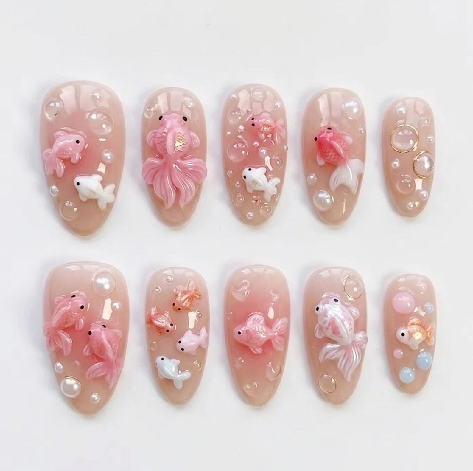Handmade Nude 3D Pink Goldfish Bubble Pearl Medium Almond Press on Nails