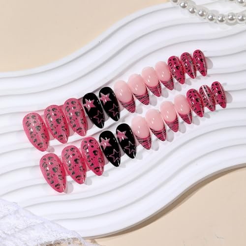Jellyqueen Press on Nails Short Square Acrylic Purple Rose red Leopard pattern