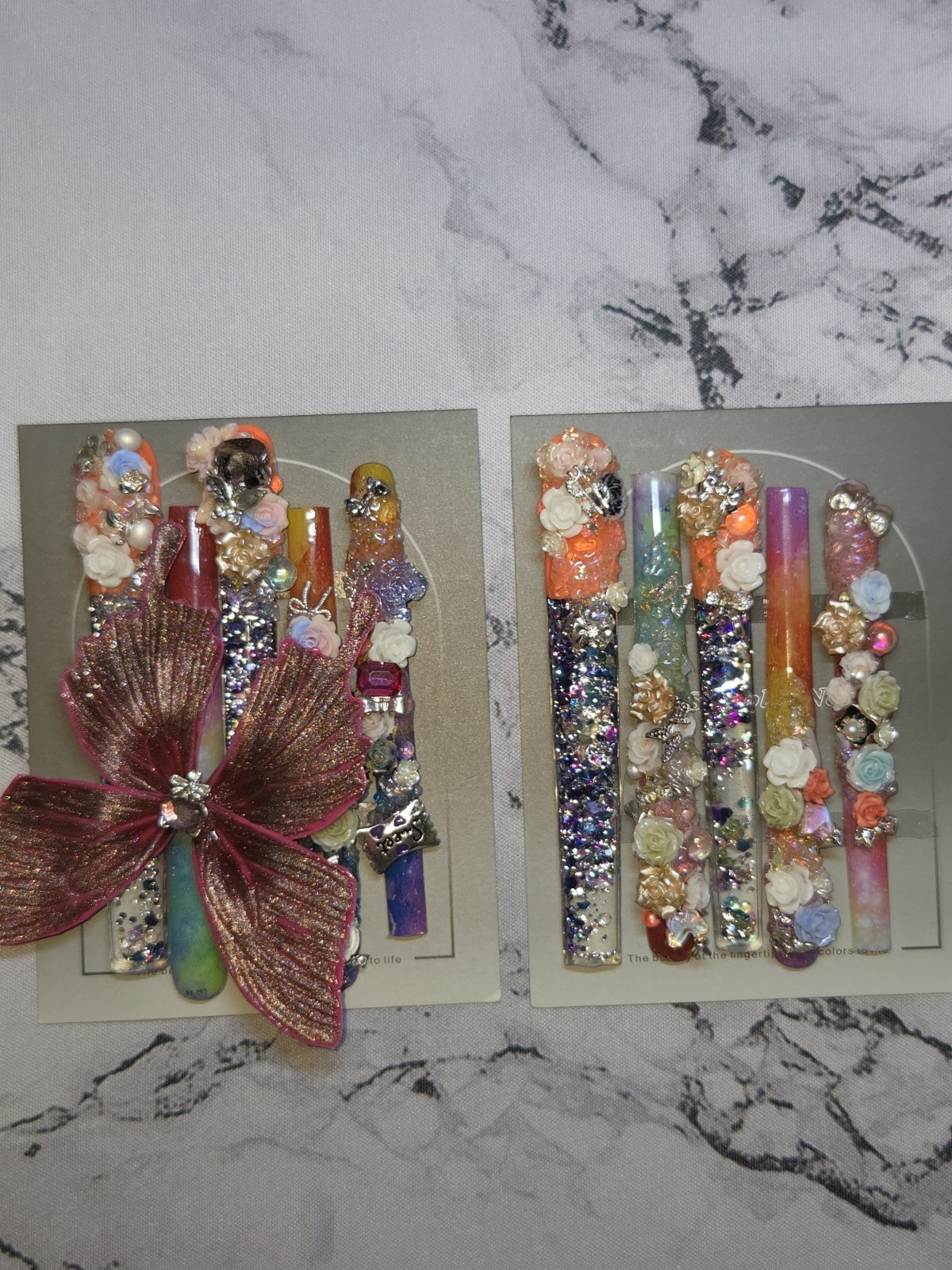 Press On Nails Medium XXXXLONG Galaxy themed colors with butterfly water nails.