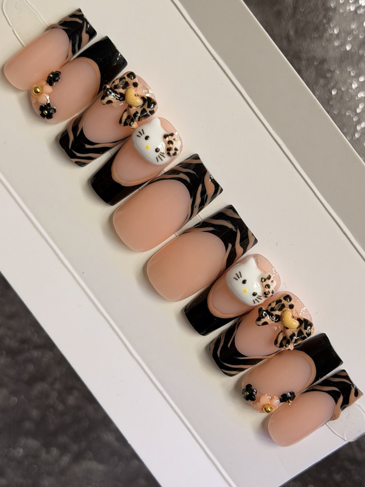 ✨ CUSTOM Press On Nails FRENCH BLACK HELLO KITTY BLING Flower 10p SET W Kit