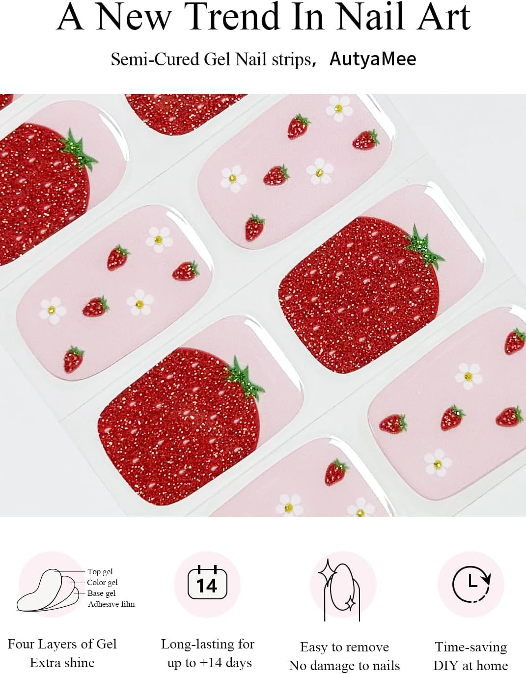 Semi Cured Gel Nail Strips (Glitter Strawberry), 20 Pcs Gel Nail Wraps, Stickers