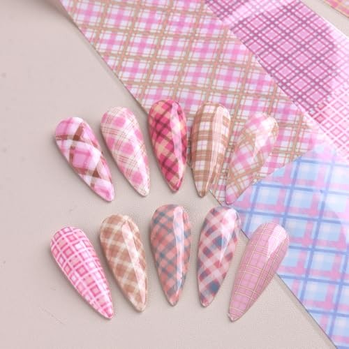 10 Rolls Plaid Nail Art Transfer Foil Checkered Designs Holographic Pink Plaid
