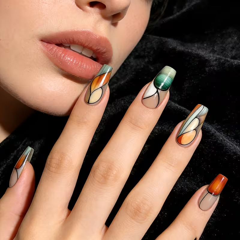 24 Colorful Press On Nails, Geometric Pattern, Glossy, Long, Ballet style