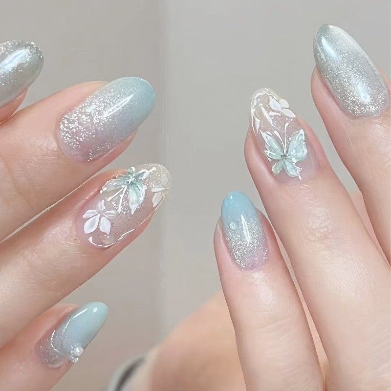 60pcs-Press on Nails Light Blue Ombre 3D Butterfly Flower Almond Nail Art Set