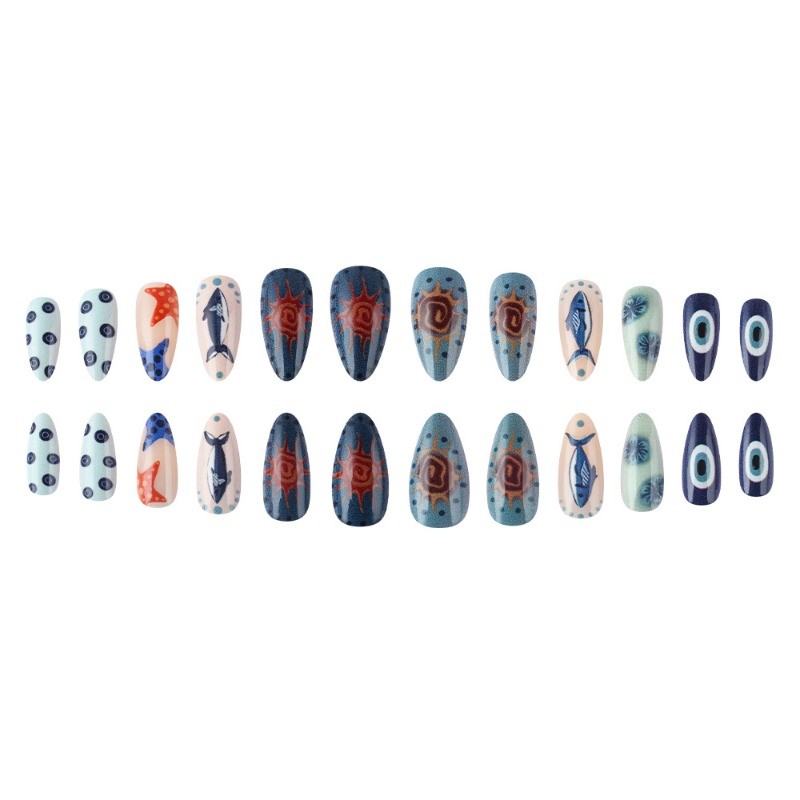 48pcs-Summer Ocean Press on Nails, Medium Stiletto Shark & Starfish Fake Nails
