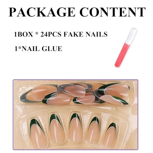 Almond Press on Nails Medium Fake Nails Dark Green French Tip Glue 3104Green